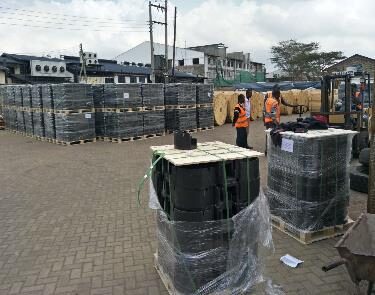 Palletized composite handholes ready for distribution