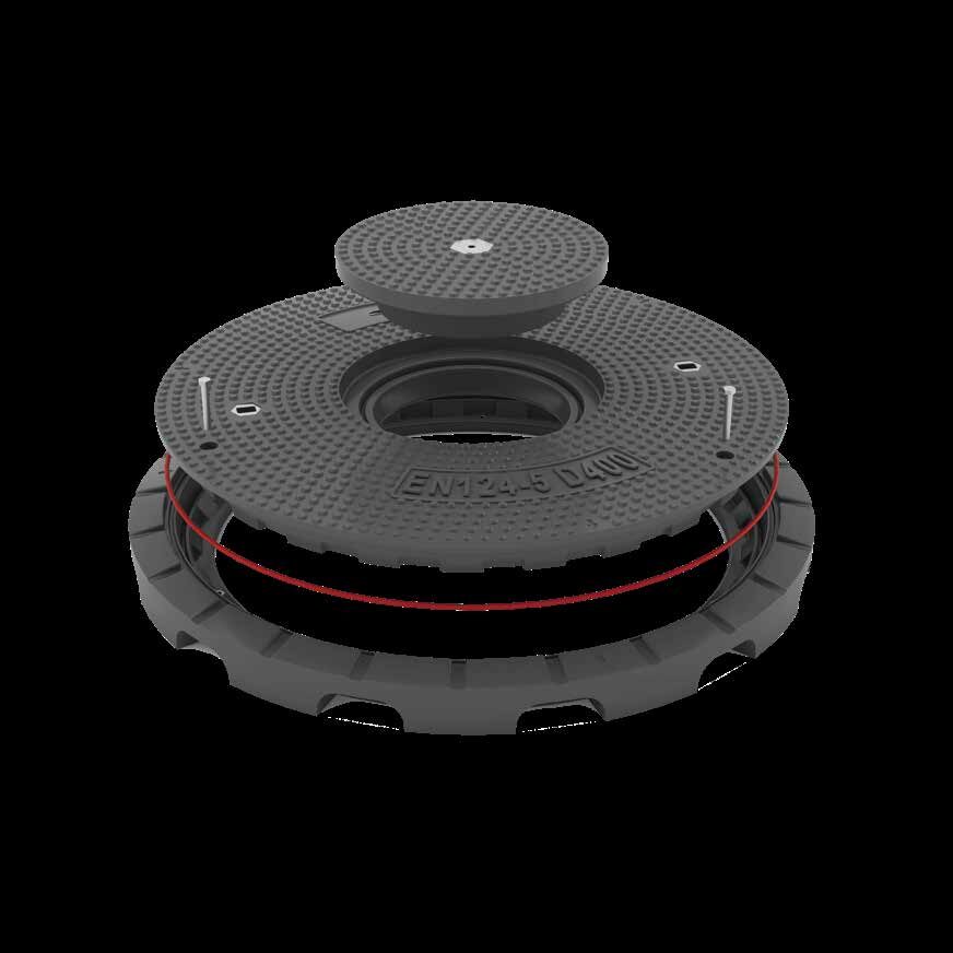 Cutaway render of an OMBRA SMC composite manhole cover assembly